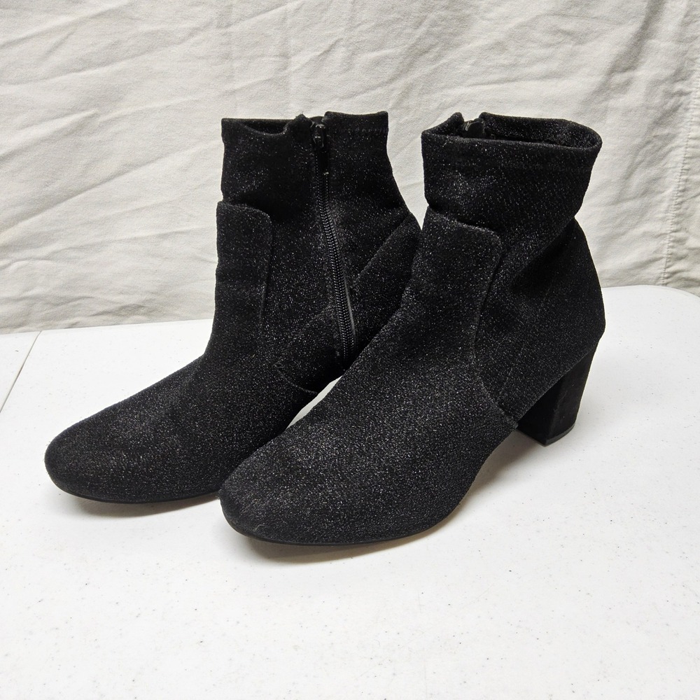 Mari A. Itsie Sock Bootie Women 9.5M Black Glitter Shimmer Block Heel Ankle Boot